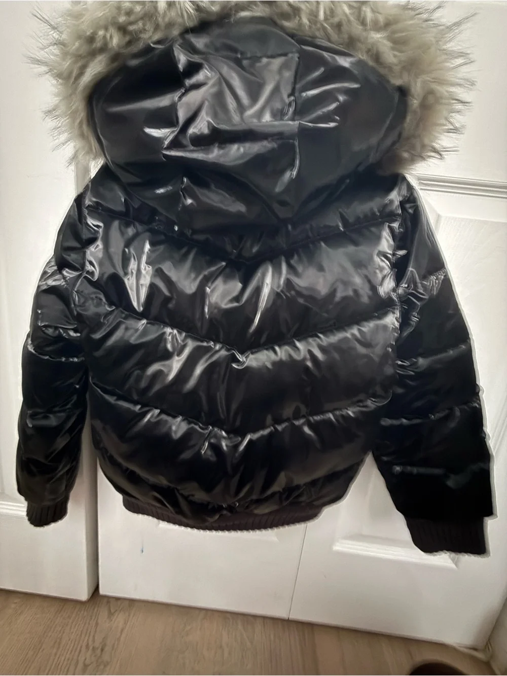 abercrombie kids Black Shiny Puffer Jacket with Faux Fur Trim